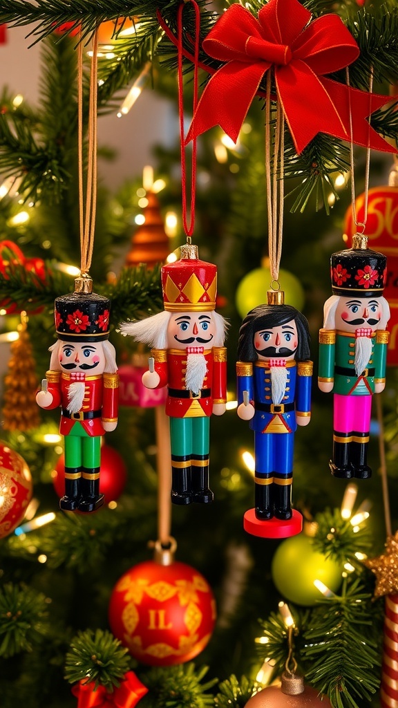 Colorful nutcracker ornaments hanging on a Christmas tree with holiday lights.